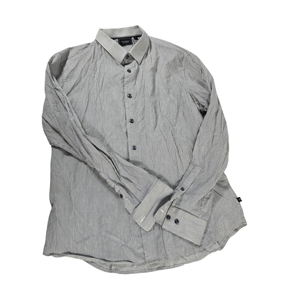 7Diamonds Mens Melange Stretch Button Down Shirt Grey‎ White Stripe SMK-6788 L